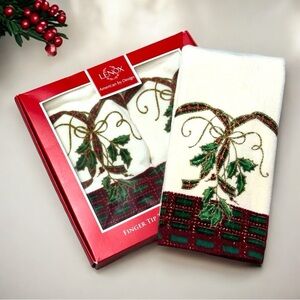 3 Lenox Christmas Hand Towels Holiday Nouveau Finger Tip Holly Tartan Plaid NWT